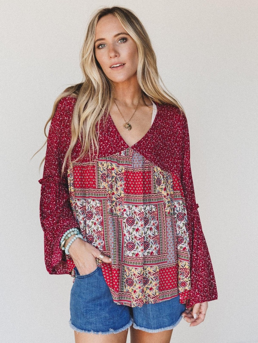 Three Bird Nest Red Patchwork V-Neck Boho Blouse